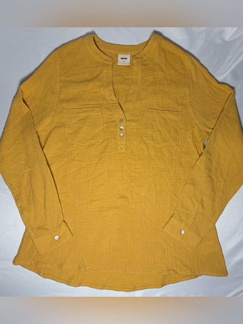 Mote Henley Blouse V Neck Long Sleeve Women's Large Mustard Yellow Very Good